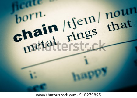 Close up of old English dictionary page with word chain