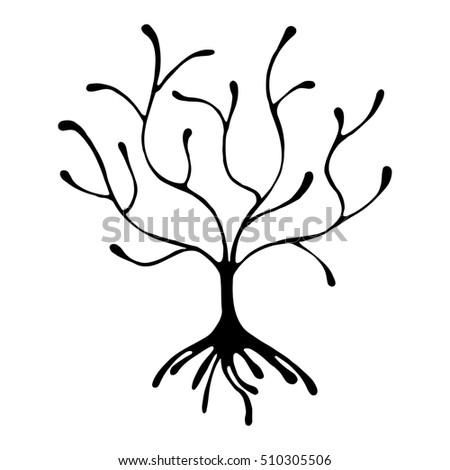 Raster hand drawn illustration, decorative ornamental stylized tree. Black and white graphic illustration isolated on the white background. Inc drawing silhouette. Decorative artistic ornamental wood