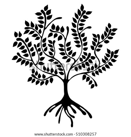 Raster hand drawn illustration, decorative ornamental stylized tree. Black and white graphic illustration isolated on the white background. Inc drawing silhouette. Decorative artistic ornamental wood