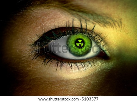 Human eye with a green nuclear sign reflection