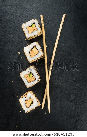 Some fresh made Sushi (detailed close-up shot; selective focus)