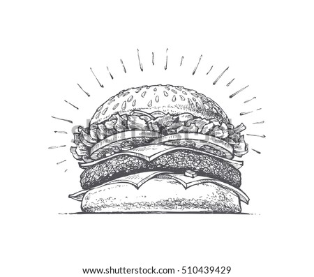 painted burger, great delicious sandwich, vector illustration, vintage style Royalty-Free Stock Photo #510439429