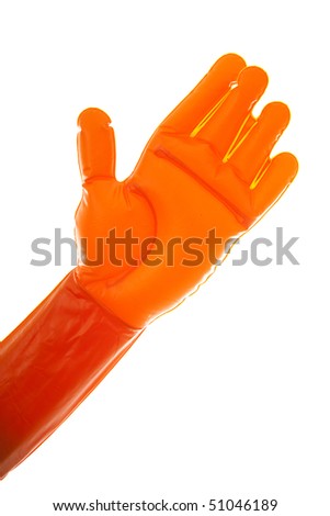 Orange big blown up hand for Dutch soccer game over white background