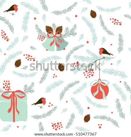 Cute vintage hand drawn Christmas seamless pattern as fir tree branches, rowan berries, bells and present boxes for your decoration