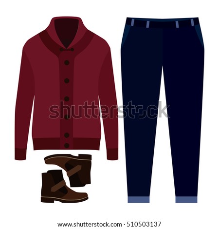 Set of trendy men's clothes with pants, cardigan and accessories. Vector illustration