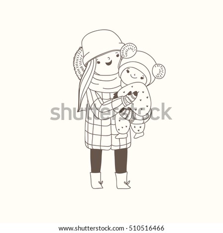 Cute vector illustration of mother and child. Outline characters isolated on the ligth background. Hello winter.