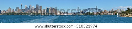 Panoramic landscape  view of Sydney Harbour and Sydney city skyline in New South Wales, Australia. No people. Copy space. 