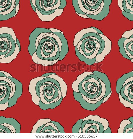 Rose flowers in beige, green and red colors, abstract and stylized. Seamless pattern can be used as greeting card, invitation card for wedding, birthday and other holidays and summer background.