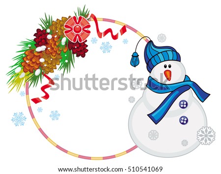 Round frame with snowman, pine branches and cones. Christmas design element. Vector clip art.