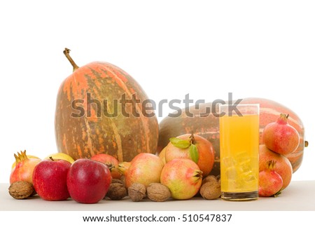 Autumn nature fruits concept. Fall fruits on a white background, studio picture