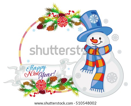 Round frame with snowman, pine branches, cones and greeting text:"Happy New Year!". Christmas design element. Vector clip art.