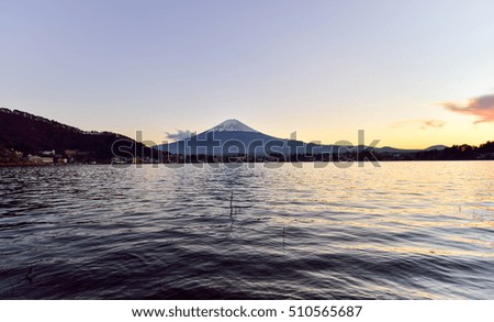 beautiful sunset at Mount fuji in lake kawaguchiko in autumn japan.