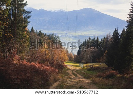 Picture of classic beautiful vibrant Austrian landscape mountain road view with Alps mountains, bridge, cows, meadows and village, Austria