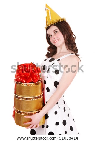  Girl with big red gift box. Isolated.