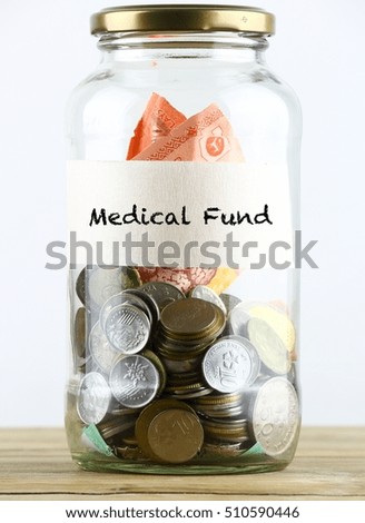 Glass container with coins and notes and word medical fund isolated on wood and white background