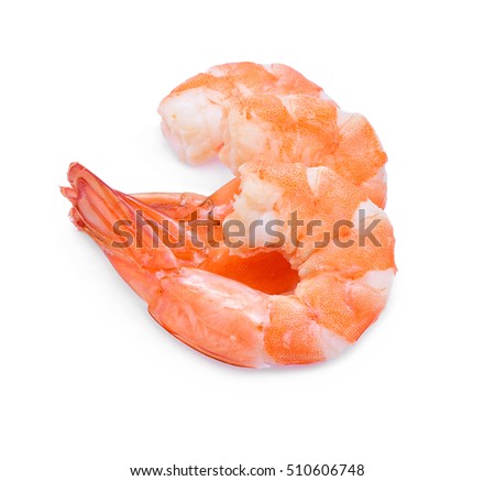 Seafood. Close up Shrimps, Pile of peeled Prawns isolated on a White Background