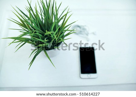 Modern white office desk table with smartphone with black screen and plant in the pot 