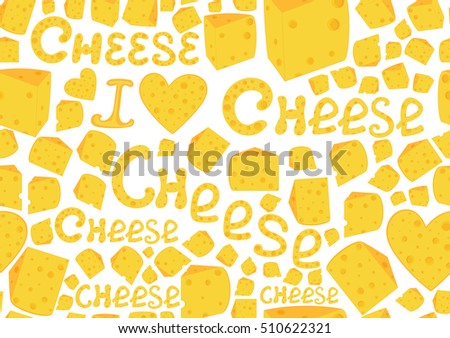 Colorful food vector seamless pattern with cheese slices and handwritten words "Cheese"