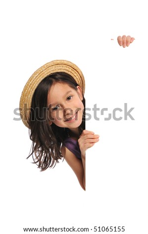Little girl holding a blank sign isolated on a white background
