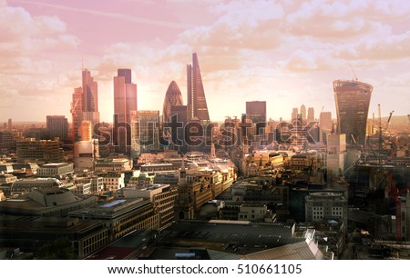 London view at sunset. View on business modern district