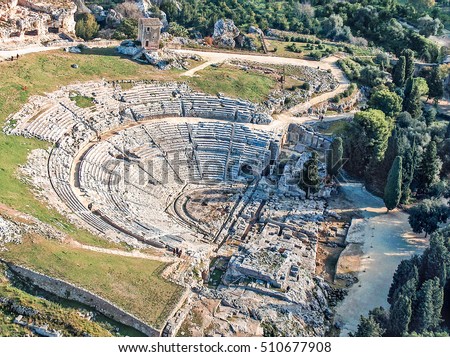 Aerial view of Greek Theatre of Syracuse Sicily Royalty-Free Stock Photo #510677908