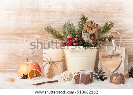 Merry Christmas decor on wooden background