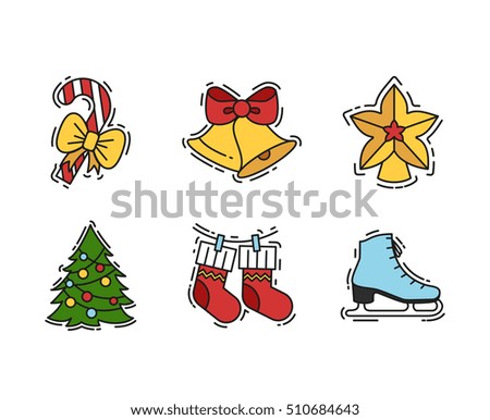 Christmas Icons set, vector outline and colour color illustrations