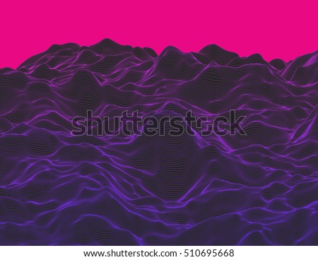 Wavy linear colorful procedural terrain. Striped digital extraterrestrial landscape. Trendy wireframe cybernetic mountains. Modern illustration for a background. Element of design.