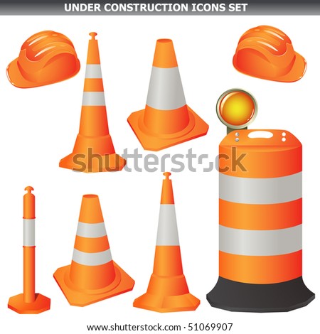 Orange Under construction and maintenance cone set and helmet isolated on white