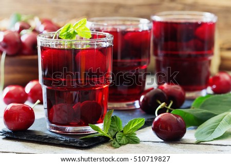 Homemade fresh cherry juice in a glass. Rustic style.Healthy and diet food. Selective focus