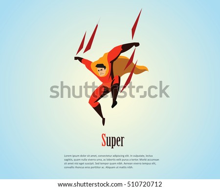 Vector illustration of flying superhero, business power icon, red costume with orange cape, Super Hero cartoon man character 
