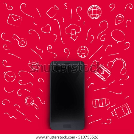 Black smartphone on corner room with hand drawn doodle functional device elements on wall. Creative illustration, front  view. 3D render.