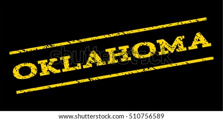 Oklahoma watermark stamp. Text caption between parallel lines with grunge design style. Rubber seal stamp with dust texture. Vector yellow color ink imprint on a blue background.