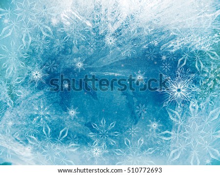                               Ice on a window with snowflakes, background 