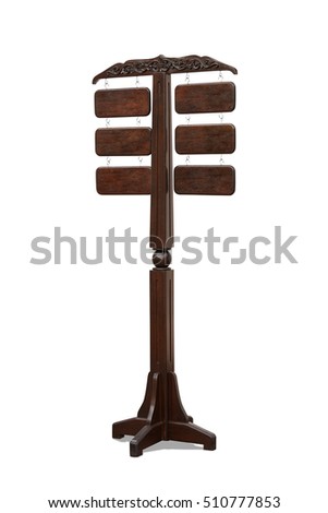 Wood sign hanging suspended and chains on pole isolated white background with clipping path