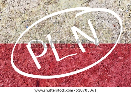 PLN word by handwriting over Poland Flag background. Business or Forex and finance concept. Currency Exchange Rate concept. 