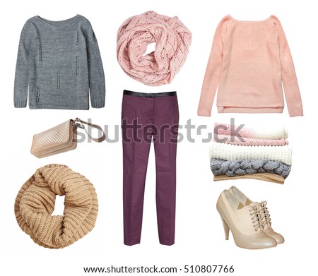 Fashion female knitted warm soft color women's clothe collage.Clothing and accessories isolated on white.