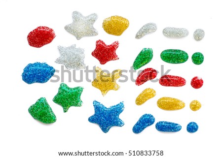 Set of different colored glitters drops. Decorative elements on white