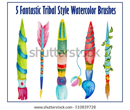 Watercolor Brushes in Ethnic or Boho style. Hand-painted brush for children's book illustration, nursery art, artful print, creative poster. Colorful painting brushes in tribal style. Spring clipart