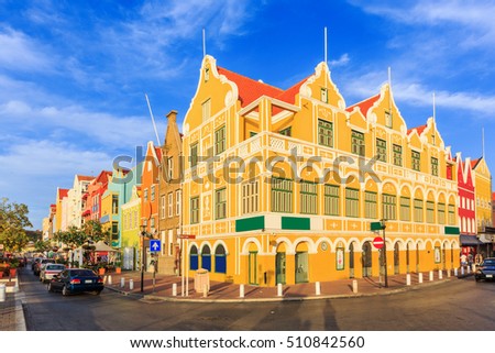 Curacao, Netherlands Antilles. Colonial houses in Willemstad.  Royalty-Free Stock Photo #510842560