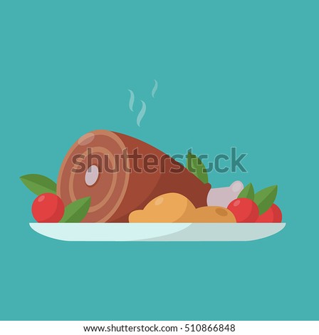 Vector flat illustration with hot cooked meat.Dinner flat cartoon design. Food icon. Royalty-Free Stock Photo #510866848