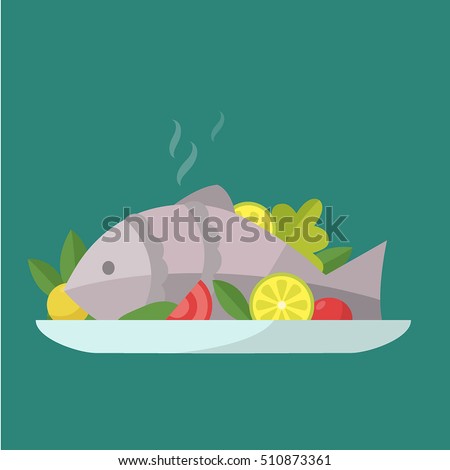 Vector icon flat tasty fish.Vector illustration. Dinner flat cartoon design. Food icon. Royalty-Free Stock Photo #510873361