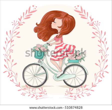 Romantic cute girl bicycle riding vector design.
