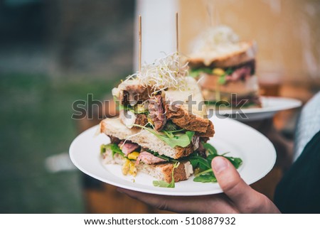 Street food. Hand sholding a steak sandwich. Toned picture