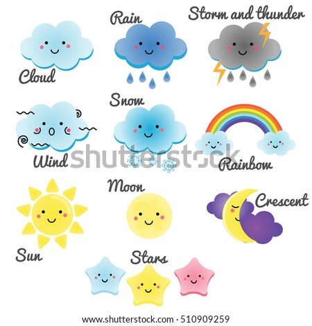 Cute weather and sky elements. Kawaii moon, sun, rain and clouds vector illustration for kids, isolated design elements for children. Stickers, labels, icons, infographics for kids