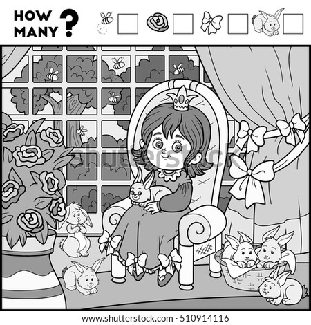 Counting Game for Preschool Children. Educational a mathematical game. Count how many items and write the result. Princess and background