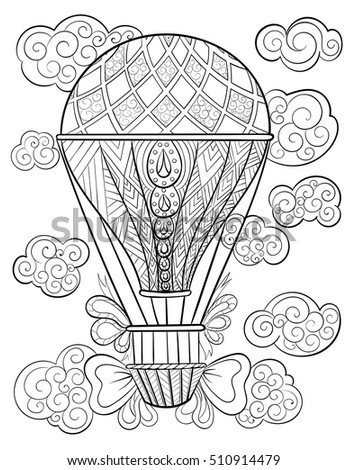 Hand drawn ink pattern. Coloring book for adult. Air baloon vector illustration