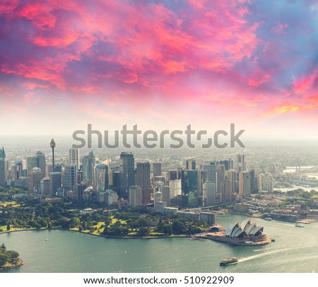 Beautiful aerial view of Sydney skyscrapers, Australia.