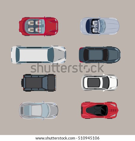 Flat Top view passenger auto vector illustration set. City transport collection. Royalty-Free Stock Photo #510945106