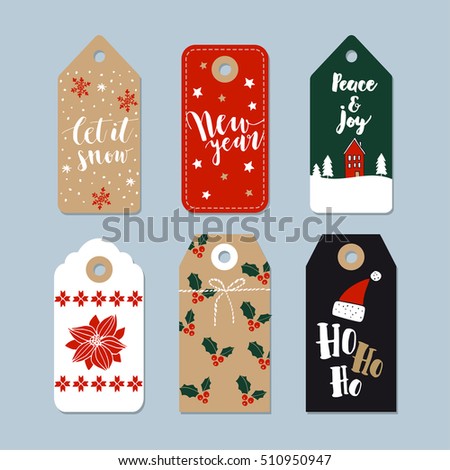 Vintage Christmas gift tags set. Hand drawn labels with lettering quotes. Isolated vector illustration objects.